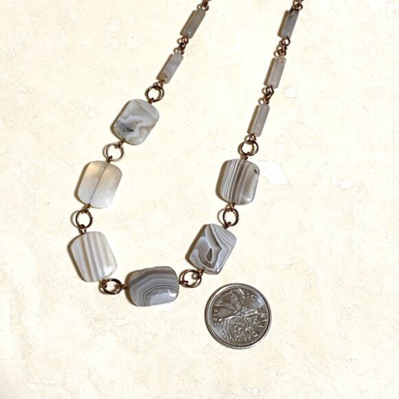 Geometric Botswana Agate Necklace, Rustic Genuine Gemstone Copper Link Necklace - Picture 9 of 11